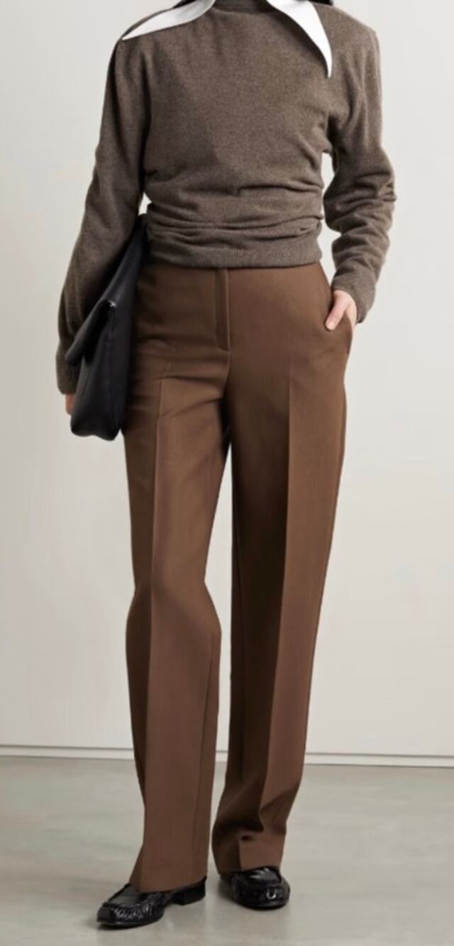 The Row Elia Twill Silk and Wool Straight-Leg Pants Size 6 Brown